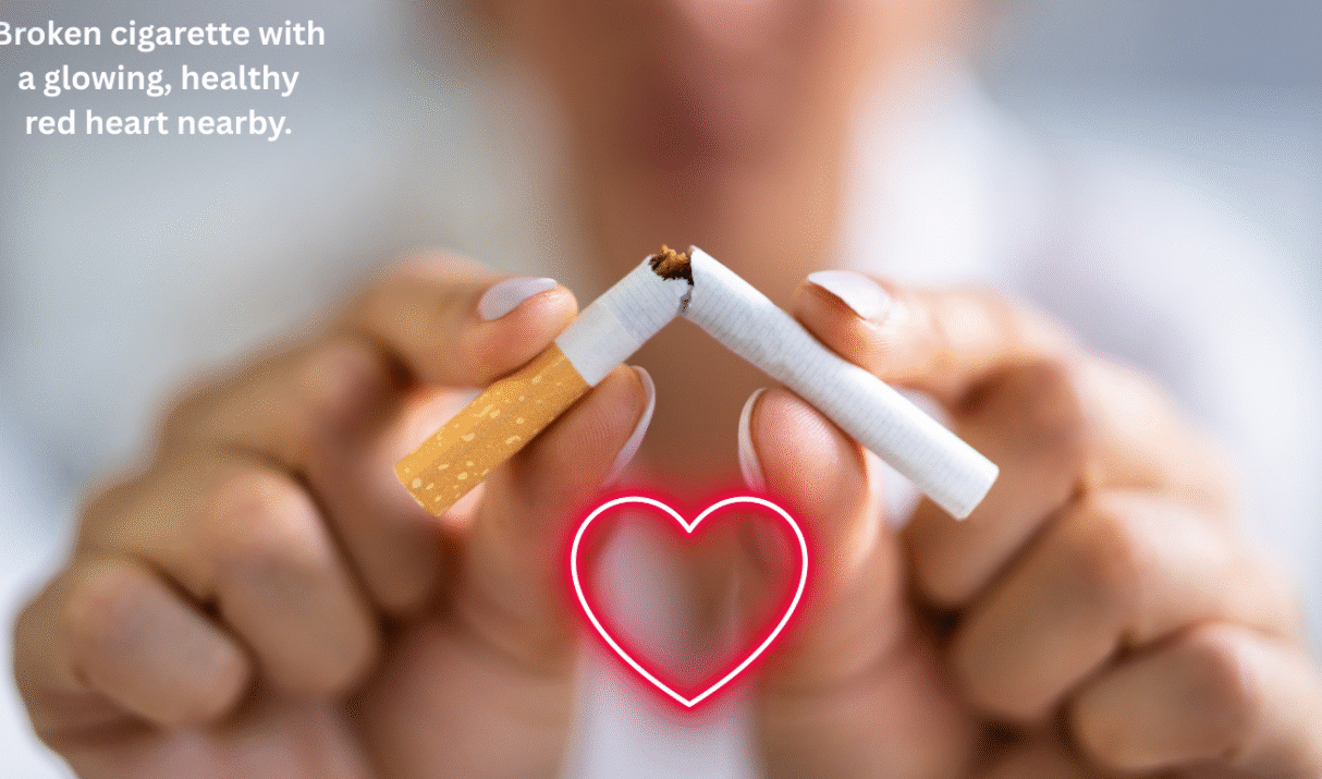Broken cigarette with a glowing, healthy red heart nearby.