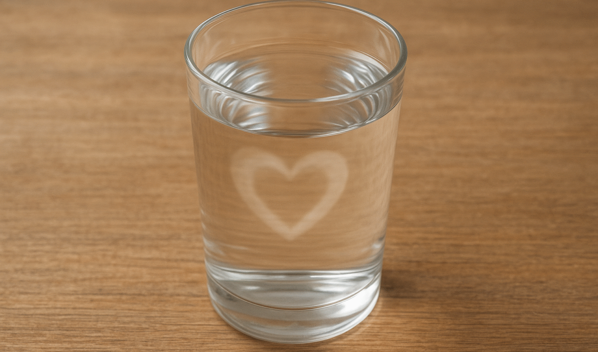 Glass of water with soft, heart-shaped reflections.