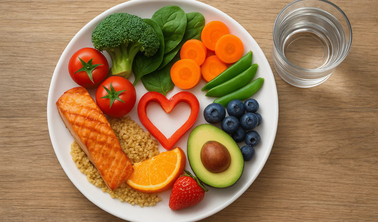 Balanced diet plate with fruits, vegetables, lean proteins, and whole grains.